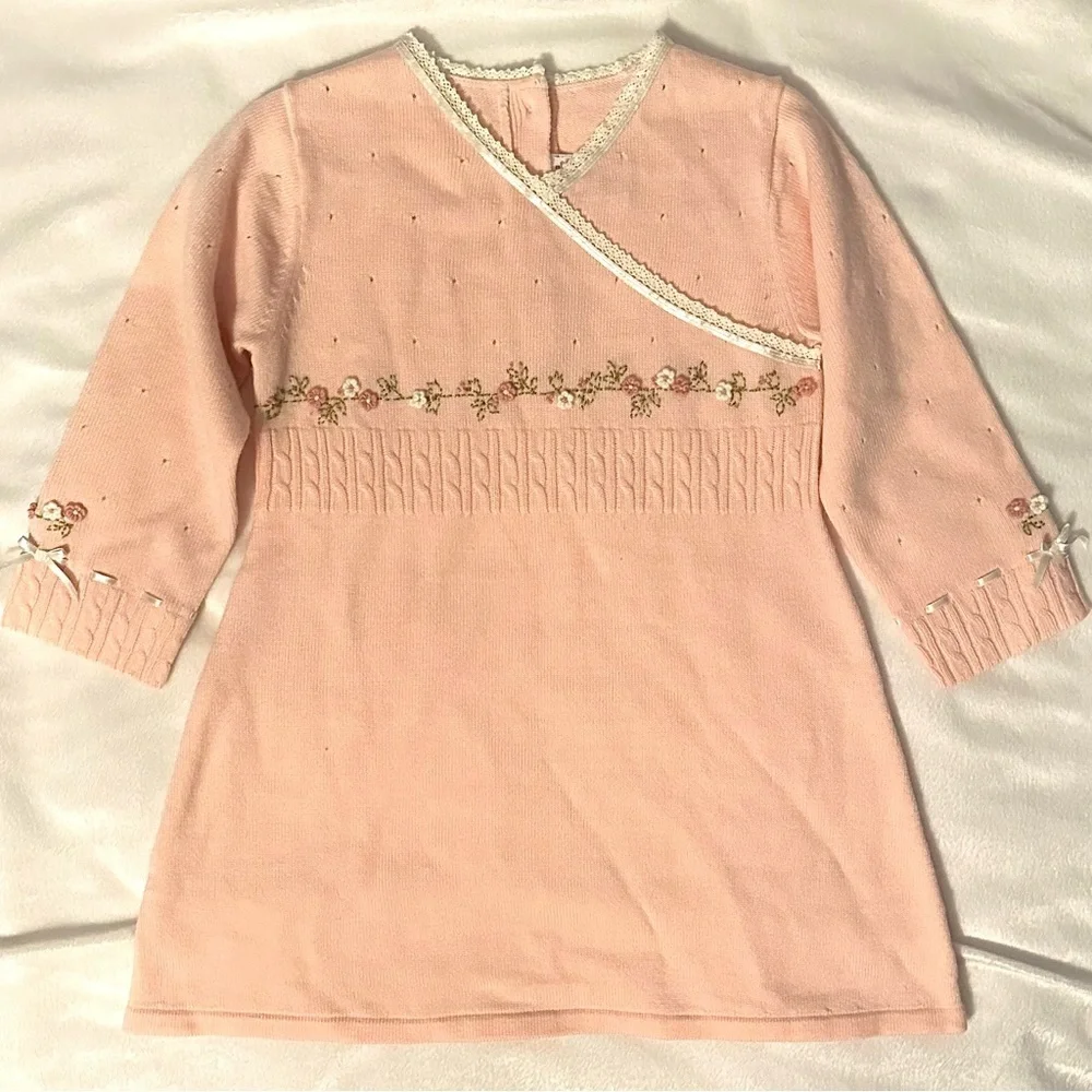 Vintage 2003 Gymboree FOX TROT Pink Sweater Dress 18-24M Floral Appliqué